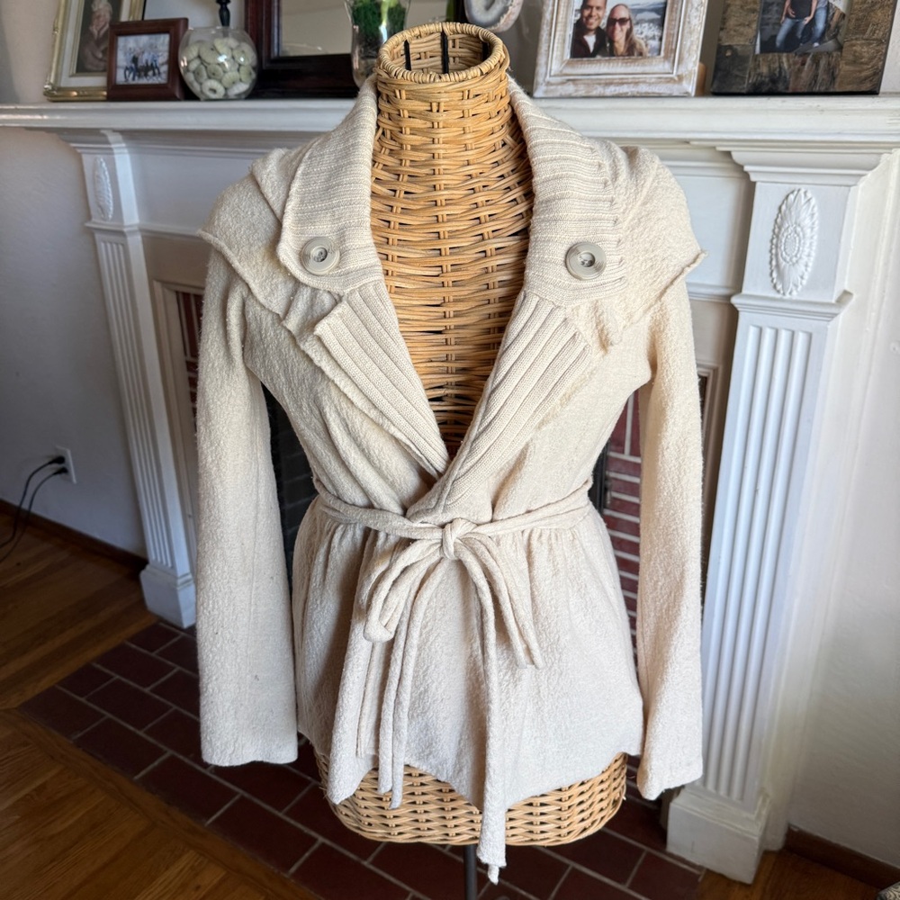 Anthropologie Sparrow boho beige merino wool sweater jacket Small